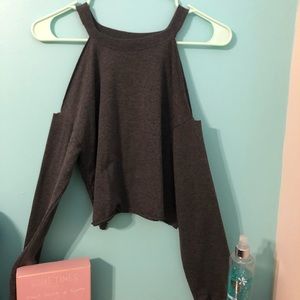 Romwe Grey Long Sleeve Off the Shoulder Top
